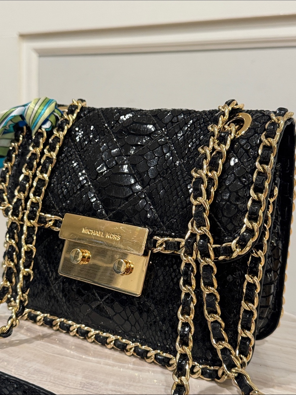 Michael Kors Bag Sloan Python Embossed Black Leather Convertible Crossbody - Picture 5 of 17